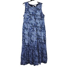 J. Jill Sleeveless Tiered Maxi Dress L Blue Paisley Cotton Cottage Peasant Beach