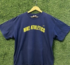 Vintage 90s Nike Athletics T-Shirt XL Made in USA Navy Blue Yellow Swoosh Logo