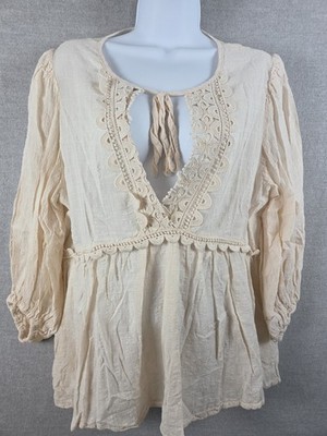 Max Studio Womens XL Blouse Boho Crochet Tie Accent Keyhole Empire Waist Fairy