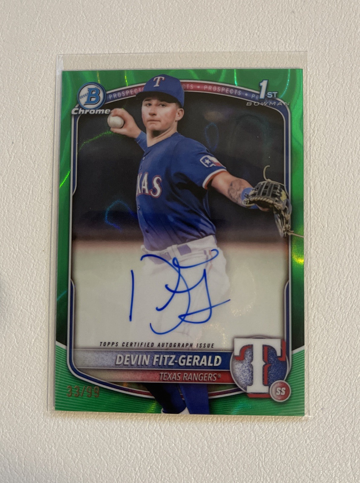 2025 Bowman Chrome Baseball 1st Green Lava Auto /99 Devin Fitz-Gerald Rangers