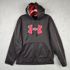Under Armour Hoodie Mens Medium Black Red Big Logo Pullover Sweatshirt Fleece