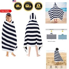 Kids Hooded Bath Towel Blue Stripe Absorbent Plush Oversized 30x60