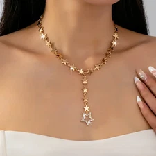 Gold Star Lariat Necklace Choker Rhinestone Dangling Tassel Charm Stunning Glam
