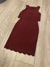 New Look Bodycon Midi Dress Lace Cut Out Trim Scallop Size 6 8 Burgundy Wine