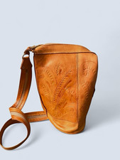 Vintage 80s Hand Tooled Leather Embossed Zip Convertible Bag w/ Fabric Lining