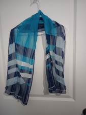 Vintage Italian Sheer Scarf Blue Teal Stripe Oblong 52" Made in Italy Chiffon...