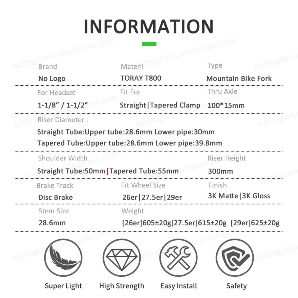Thru Axle 15mm*100mm MTB Hard Fork 26/27.5/29er Disc Brake Carbon Front Fork - Image 2 of 4