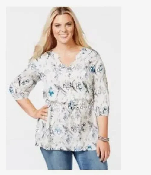 2X Túnica Floral MELISSA MCCARTHY X SEVEN7 Cintura Ceñida Azul Blanco Foto 2 de 4