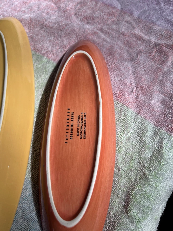 Pottery Barn Nesting Oval Serving Platters Bowls Green Yellow Orange 3pc Ceramic - Image 4 of 4