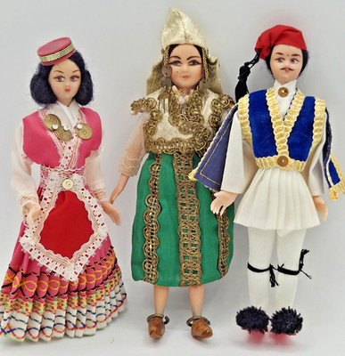 Vintage Greek Folk Art 7'' Dolls LOT OF 3 Evzone Tsolias Amalia Salamis FREE SHIP