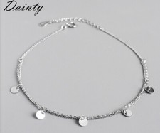 DAINTY Women 925 Sterling Silver Dangle Round Sequin Anklet Bracelet 8.5-10"