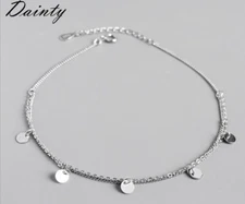 DAINTY Women 925 Sterling Silver Dangle Round Sequin Anklet Bracelet 8.5-10"