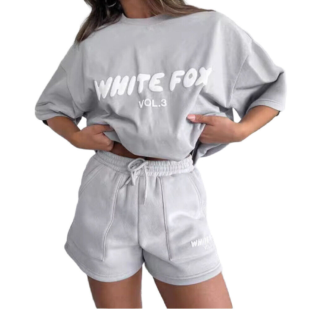 2Pcs/Set Lady Summer White Fox Tracksuit TShirt Shorts Casual Top