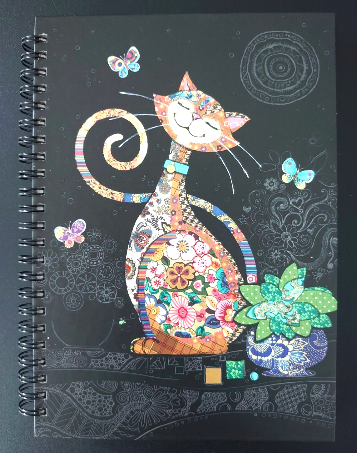 A5 Spiral Bound Notebook - Flowery Cat by Bug Art - 21cms x 15cms - Plain pages