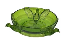 Vintage Jeanette Glass Co. Footed Green Three Pheasants Console Bowl  2-7/8"H