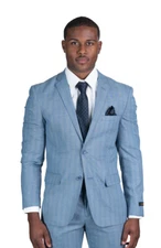 Slim Fit 2 Button Mens Blazer Pinstripe Slate Blue Line Notch Lapel Jacket AZAR