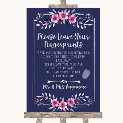 Marineblau Rosa & Silber Fingerabdruck Gästebuch Personalisiert Hochzeit Schild