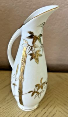 Ucagco Ceramics Japan Vintage Porcelain White Vessel Vase w/Gold Bamboo Accents