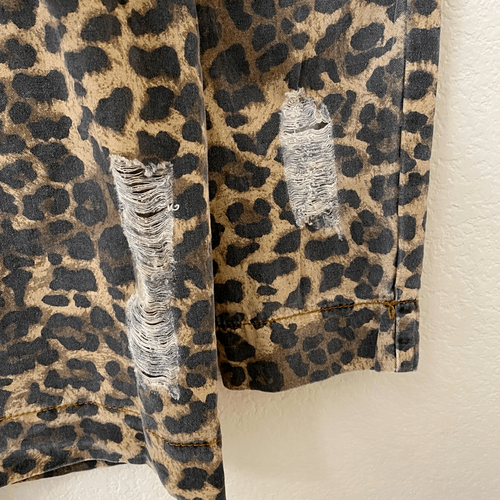 POL Size Small Faded Leopard Print Distressed Denim Jacket - Picture 5 of 6