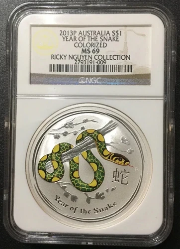 2013P $1 AUSTRALIA LUNAR 1 OZ SILVER YEAR OF THE SNAKE COLORIZED-NGC-MS69