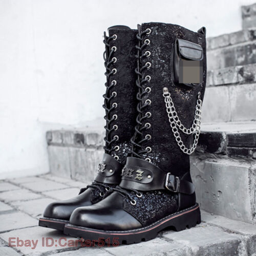 Mens Punk Metal Rivet Knee High Boots Gothic Military Lace Up Knight Biker Boots - Picture 1 of 9