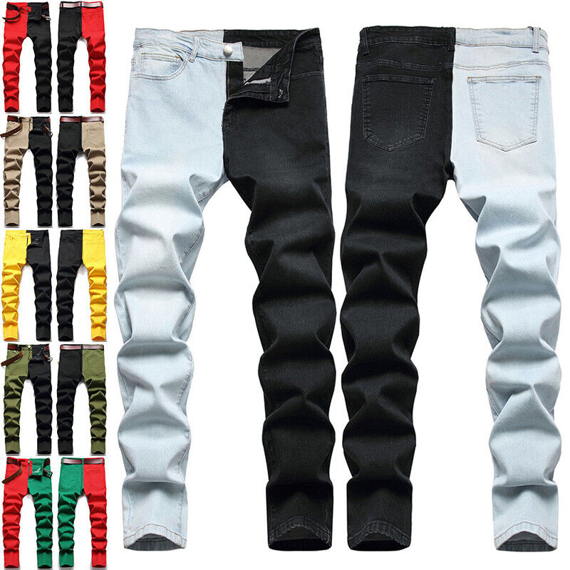 Mens Two Tone Splice Denim Pants Multi Colors Jeans Trousers Mens Two Tone Splice Denim Pants Multi Colors Jeans Trousers