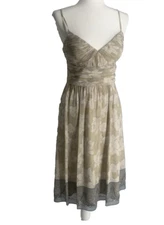 BCBG Paris Womens Silk Midi Dress 6 Floral Ruched Bodice Beaded Hem Fairy Dainty