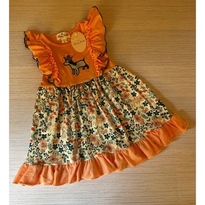 Marie Nicole Clothing Girls Orange Floral Puppy Ruffle Dress Size Small NWT
