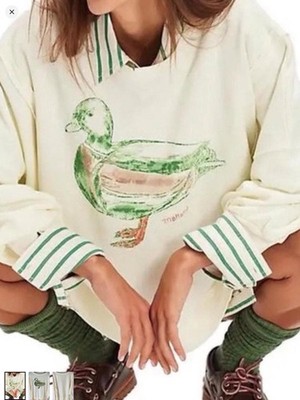 Free People  Graphic Printed Camden Pullover Mallard Combo Mallard Duck  XS