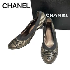 CHANEL Coco Mark Ribbon Sequin Heel Pumps Brown Size 36C Women's