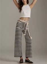 Anthropologie Maeve Colette Knit High-Rise Wide-Leg Cropped Pants Blk Strp Sz 31