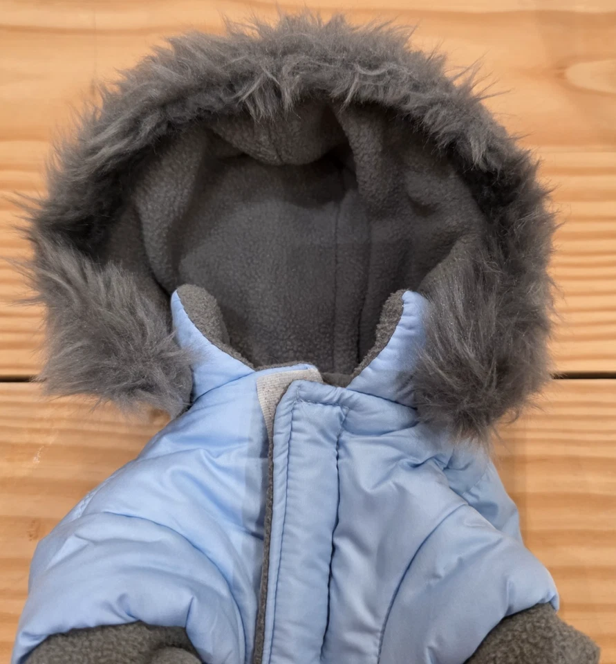 Abrigo chaqueta azul para perro mullido capucha de piel de fax - talla XS Foto 4 de 4