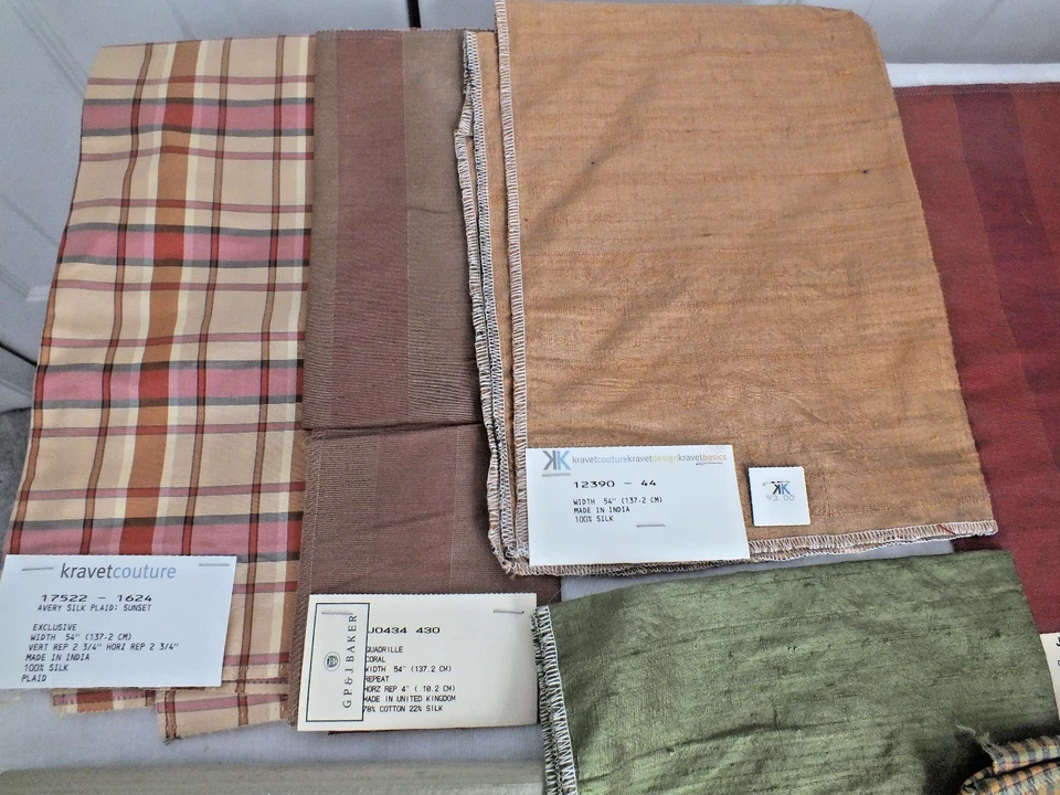 11 SILK and silk blend Kravet GP&J Baker samples scraps remnants 13" square -24" - Image 2 of 4