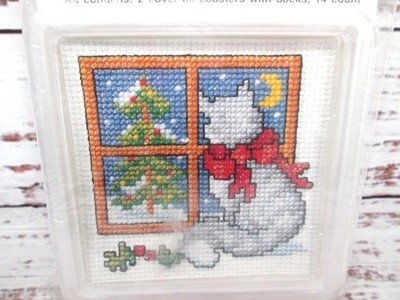 Cat At Window Christmas Tree Counted Cross Stitch Drink Coaster Kit Needle Magic