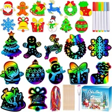 36PCS Xmas Scratch Art Ornaments | Kids Rainbow Christmas Craft Party Favors