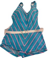 Vintage Union Made '80s Womens One Piece Swimwear Sz 14 36 Hot Pink/Blue Belt