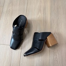 Donald Pliner Lilia Black Leather Block Heel Mules Square Toe Sandals Women 6.5M