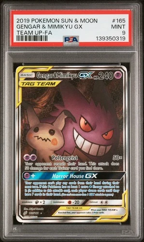 2019 POKEMON SUN & MOON TEAM UP #165 FULL ART/GENGAR & MIMIKYU GX PSA 9