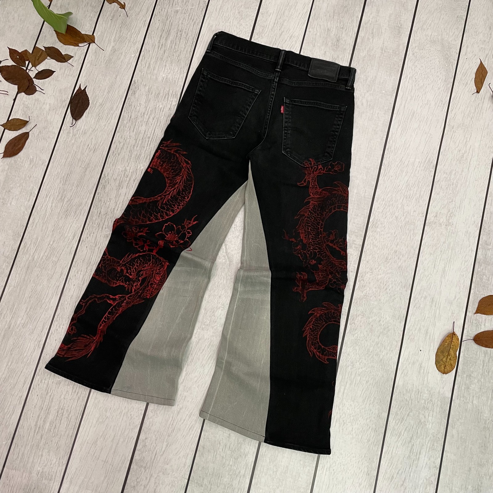 Custom Levi's Flared Jeans baggy fit Red dragon japanese style 30x30 sz thumbnail 7
