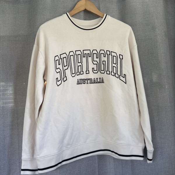 Sportsgirl Relaxed Crewneck. Ivory & Navy. Embroidered. Sz M