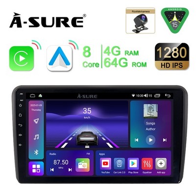 8-Core Android 15 AutoRadio 4+64GB CarPlay Navi Für Audi A3 S3 8P 8P1 8V +Kamera