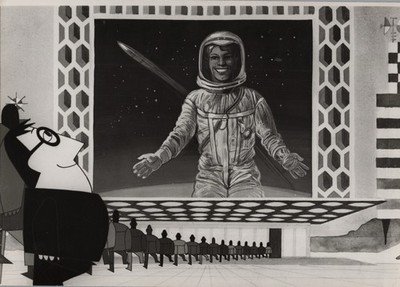 A33 A3398    Deserter  Sci-Fi Illustration   Giant Astronaut Broadcast Scene