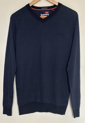 SUPERDRY Premium Combed Cotton Jumper Mens Medium Blue V-Neck Orange Label Knit