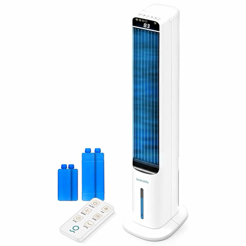 SereneLife Portable Evaporative Air Cooler Tower, Remote/Digital, White/black