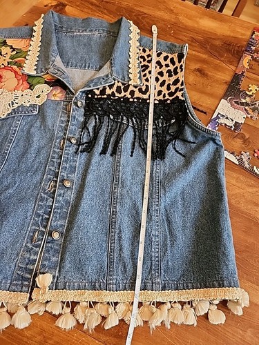 Womens Denim Vest With Embellishments XL-XXL POM POM ANIMAL PRINT DETAIL LACE - Picture 11 of 12