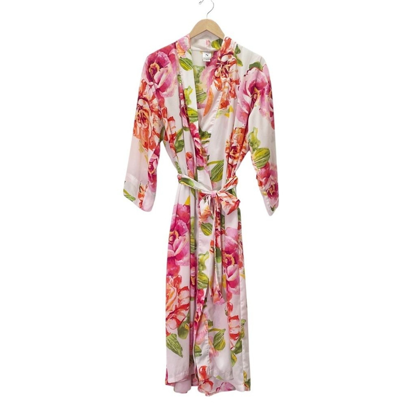 Natori South Pacific Floral Robe & Slip Nightgown Set Pink Orange Ivory Size S M