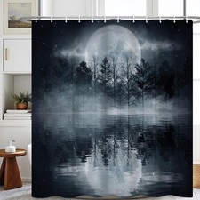 Moon Shower Curtain Woodland Lake Night Starry Sky Scenery Fabric 48x72 In