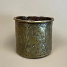 Antique Metal Gold Brass Indian Pot Cylinder Jardiniere Vintage Pattern Pen Cup