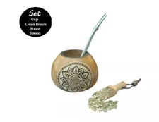 Mate Cup Gourd Hand Made Natural Tea  Straw Argentina Uruguay Bombilla Carving