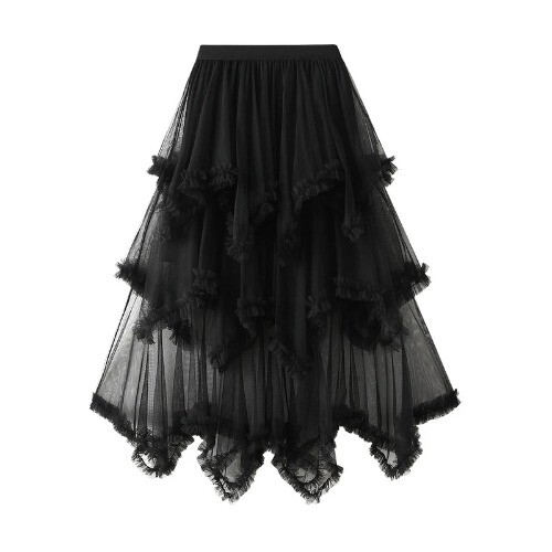 Irregular Tulle Midi Skirt Women Elastic High Waist Mesh Pleated Elegant Skirt - Bild 25 von 34